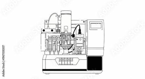Detailed line drawing of a complex automated laboratory instrument with vials