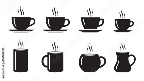 Mugs and cups with steam icons representing hot beverages like coffee or tea, presented in a clean, black silhouette style on a white background.