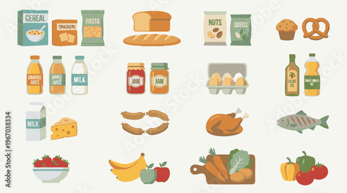 Flat lay assortment of various food products and grocery items