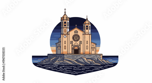 Pixel art church on rocky outcrop by the sea at dusk