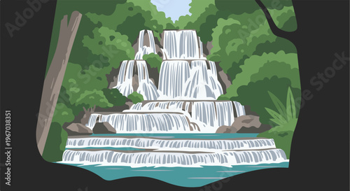 Lush green forest surrounds a multi-tiered cascading waterfall flowing into a serene pool