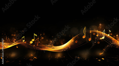Glowing musical wave with golden notes on dark background