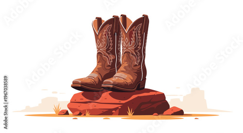 A pair of brown cowboy boots with white stitching rests on a reddish rock, set against a stylized desert landscape on a white background.