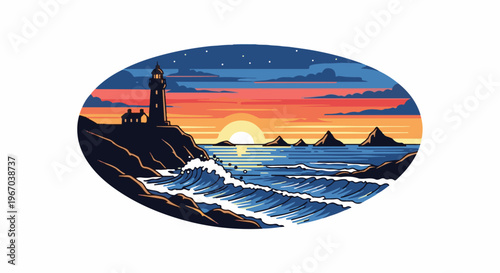 Pixelated lighthouse overlooks crashing waves at sunset over the ocean