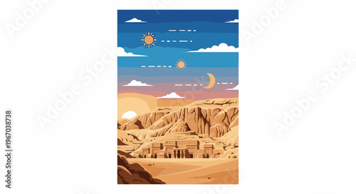 Pixelated desert landscape with ancient ruins and celestial bodies in the sky