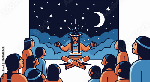 Indigenous people gather under a starry night sky to watch a storyteller