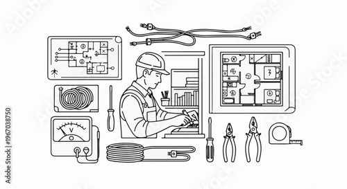 Electrician with tools and building plans, line drawing
