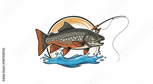 Dynamic fish leaps from water with fishing rod and swirling sun design