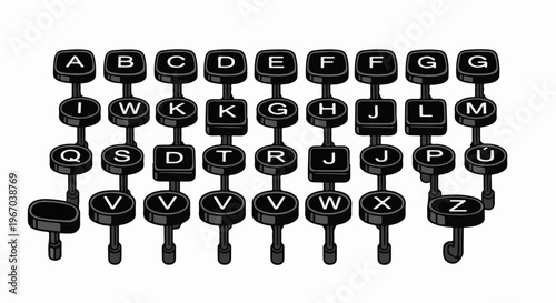 Isometric view of vintage typewriter keys in black and white