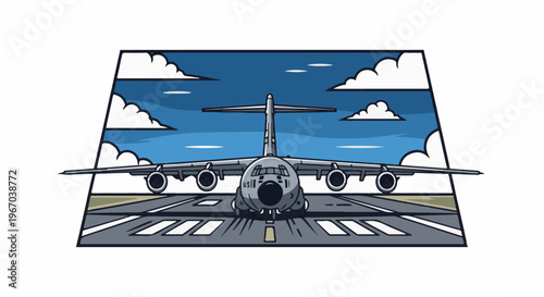 Large cargo airplane on a runway with clouds in a blue sky