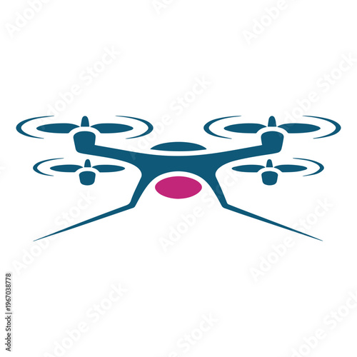 A quadcopter drone with four propellers and a central camera lens