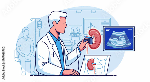 Medical professional examines kidney on screen with patient present