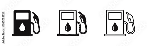 Modern Gas Pump Icon Set with Solid, Outline, and Hand-Drawn Variants for Energy Themes