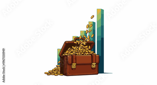 Open briefcase overflowing with golden coins against a rising graph