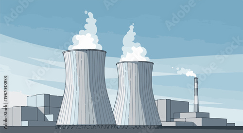 Industrial landscape with two large cooling towers emitting steam