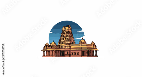 Ornate Indian temple with tiered tower and domes against a circular sky