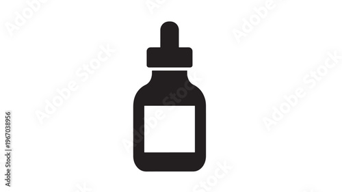 Dropper bottle icon with a square label, symbolizing liquid dispensing, medicine, and laboratory use.