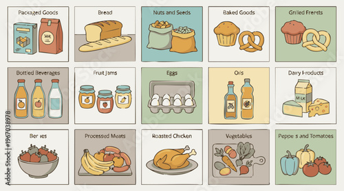 Collection of various food categories and grocery items illustrations