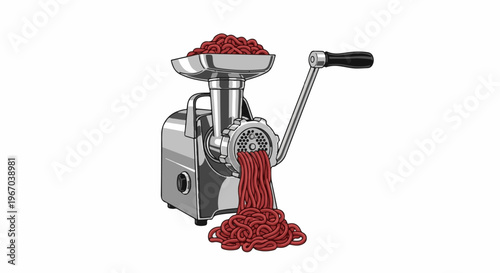 Shiny metal meat grinder with a full hopper and freshly ground meat emerging
