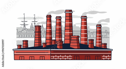Industrial factory with tall chimneys emitting smoke against a city skyline