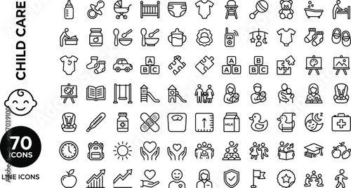 A collection of line icons depicting various aspects of child care and education Ai, eps, jpg, transparent background, eps