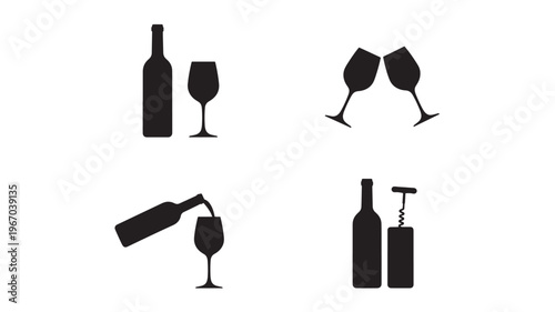 Bottles and glasses set with wine pouring, toasting, and corkscrew icons in black silhouette. featuring celebration, beverage, alcohol with drink and
