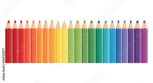 A horizontal row of 24 sharpened colored pencils displays a spectrum of hues against a pristine white background.