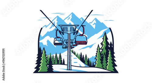 Ski resort chairlift ascends snowy mountains amidst pine trees