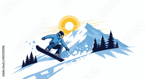 Snowboarder in mid-air performing a jump against a mountain backdrop at sunrise