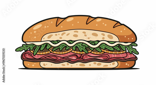 Hearty deli sandwich with cured meats, greens, onions, and creamy dressing