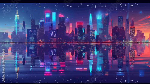 Cityscape at night with illuminated buildings and reflections digital art