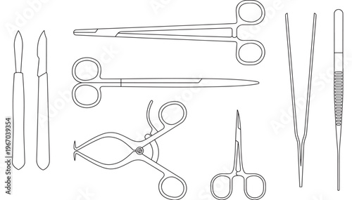 Surgical instruments set with scalpels, scissors, forceps, and clamps in outline style on a white background.