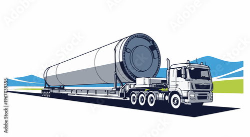 Large cylindrical cargo trailer truck on a road with hills