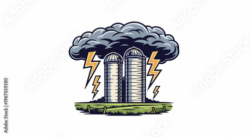 Stormy sky looms over farm silos with lightning strikes
