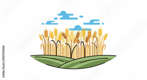 Golden wheat stalks sway on rolling green hills under a bright blue sky