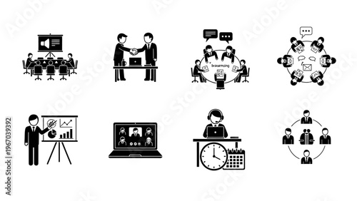 Professional Business Meeting and Collaboration Icons Set in Monochrome Style