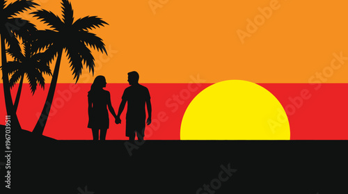 A silhouette of a romantic couple holding hands on a tropical beach at sunset with palm trees and a vibrant orange and red sky over the ocean.