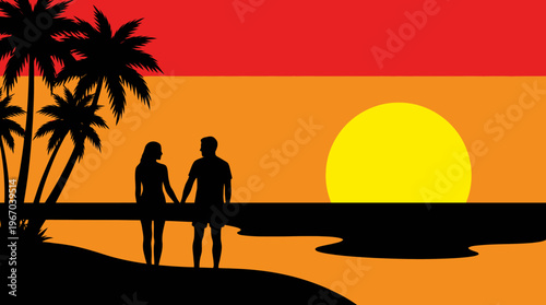 Silhouette of a romantic couple holding hands on a tropical beach at a vibrant sunset with palm trees.
