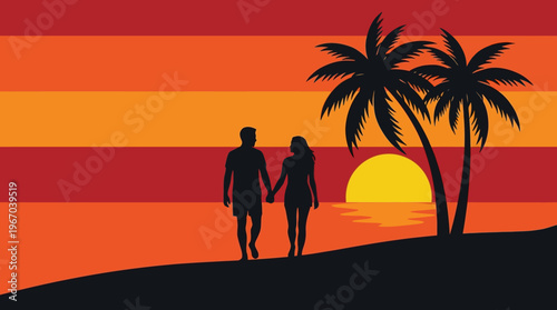Silhouette of a couple holding hands walking on a tropical beach at sunset with palm trees and a vibrant sky.