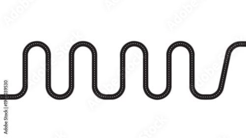 Road track with multiple U-turns and dashed white lines on a white background, representing a winding path.