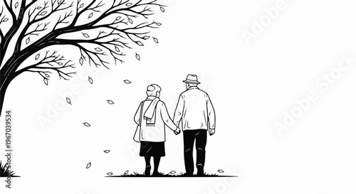 Elderly couple holding hands under a bare tree in autumn