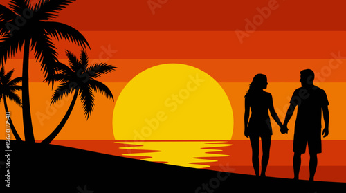 Silhouetted couple holding hands on a tropical beach at sunset with palm trees and a vibrant orange sky.