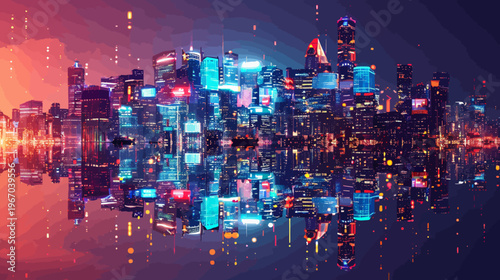 Abstract futuristic city skyline reflection with vibrant neon lights at night
