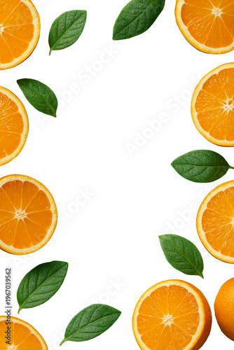 Vibrant orange slices and fresh green leaves framing a transparent space.