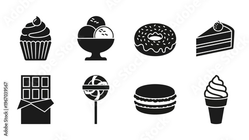 Set of 8 black and white dessert icons including cupcakes ice cream donuts and cake slices for