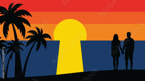 Silhouetted couple holding hands watching a keyhole sunset over the ocean with palm trees, symbolizing a romantic tropical escape.
