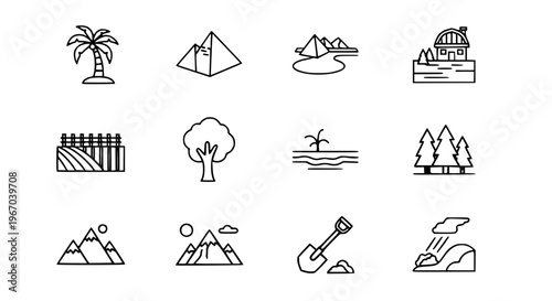 Editable Landscape Icon Set with Palm Tree Pyramid Lake Mountain Farm Vector