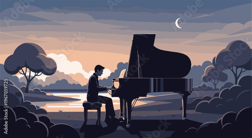 Solitary musician plays grand piano by tranquil lake at dusk under crescent moon