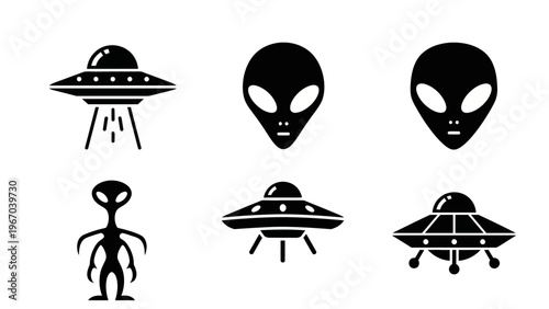 Set of black and white alien and UFO icons representing extraterrestrial themes and space travel