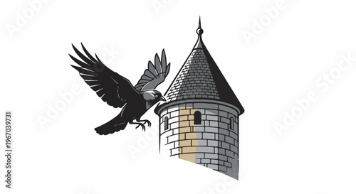 Raven lands on a stone tower with a pointed roof